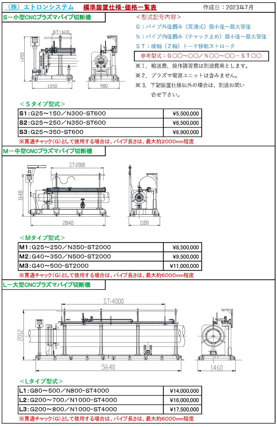 CNCプラズマパイプ切断機（全機種）仕様書一覧表